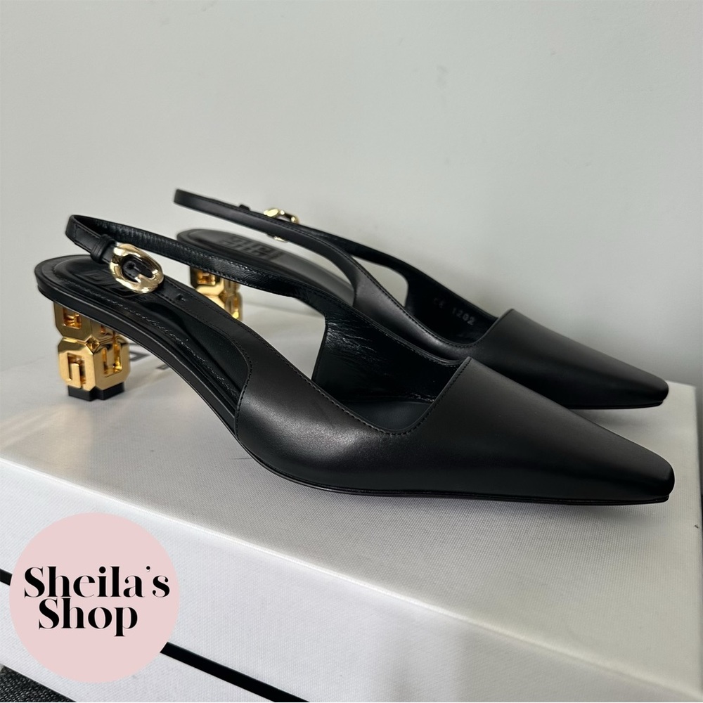 NIB Givenchy G Cube Slingback Black Leather Pumps, Sizes 36.5 & 37.5